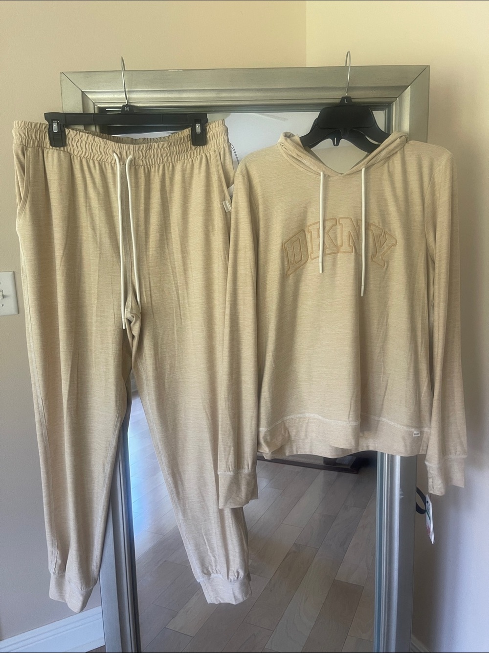 DKNY Beige Drawstring Hoodie Top with Subtle Logo